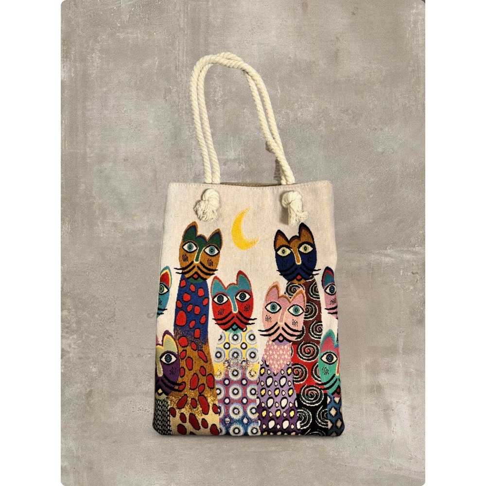 Colorful Woven Cat Tapestry Rope Tote Bag – Whimsical Art‎ Cats with Moon
